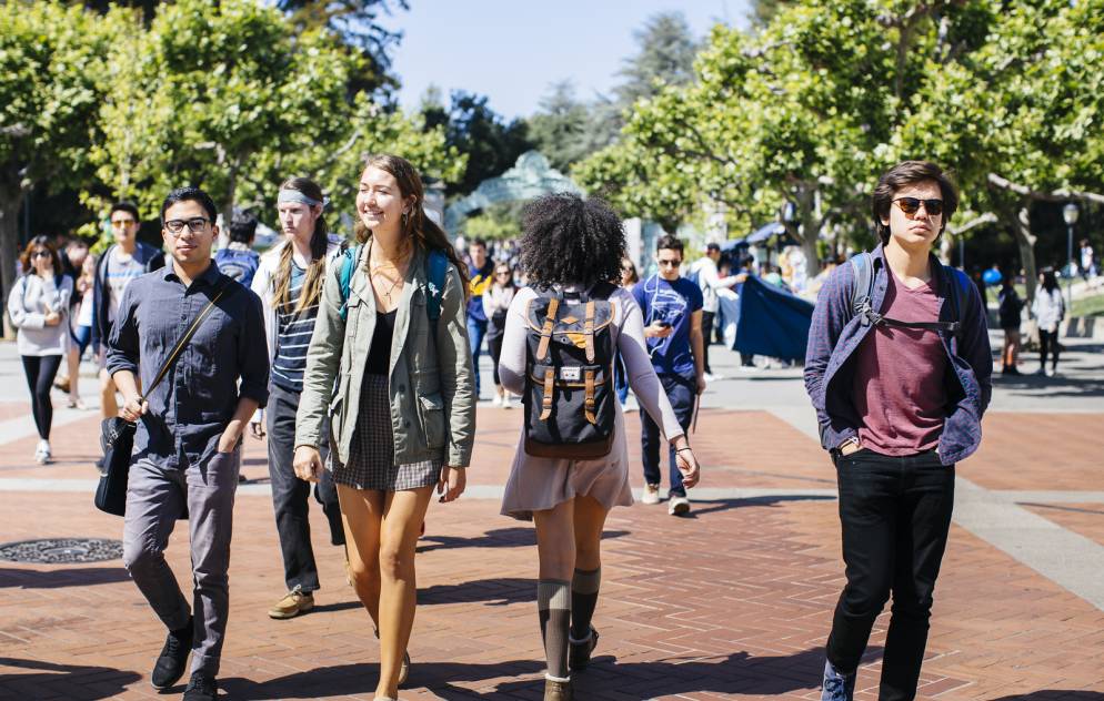 Assorted, diverse students walking on the UC Berkeley campus