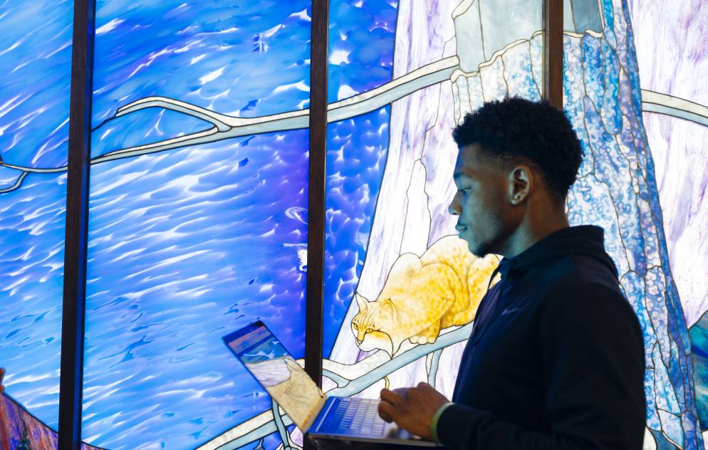 A student stands before a vibrant stained glass window holding a laptop.