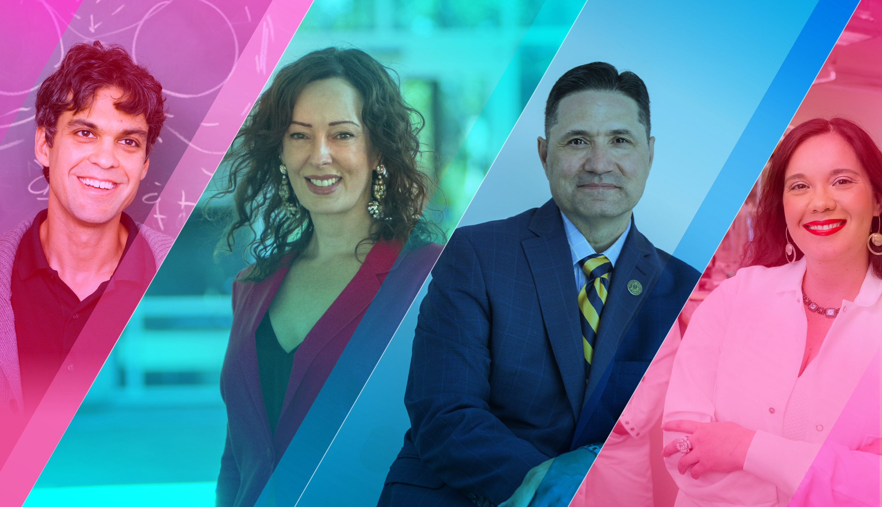 Four people featured for Hispanic Heritage Month on a colorful banner: Enrico Ramirez-Ruiz, Anita Casavantes Bradford, Chancellor Juan Sánchez Muñoz, and Olivia Graeve