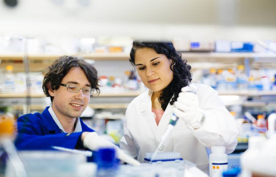 Two researchers in a lab, one in a dark blue lab coat and another in a white coat holding a pipette.