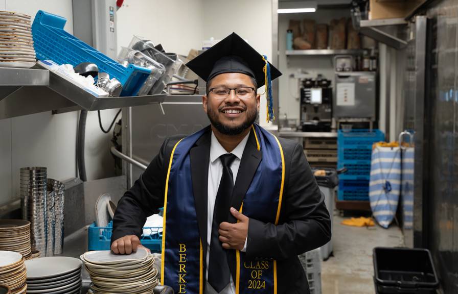 A smiling man wearing a college graduation cap and gown with a UC Berkeley 2024 sash, standing in a commercial kitchen in front of a sink and stack of dishes