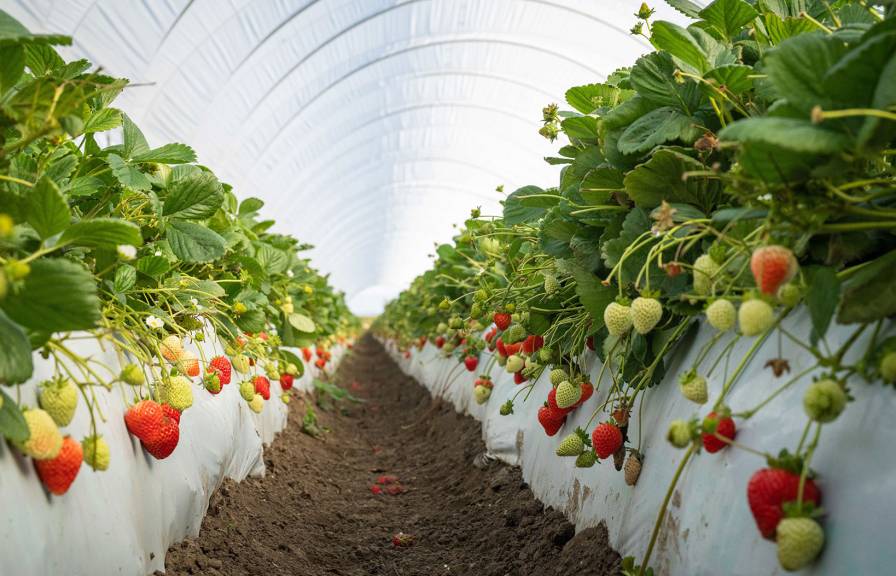 Row of strawberry plants in a covered greenhouse.