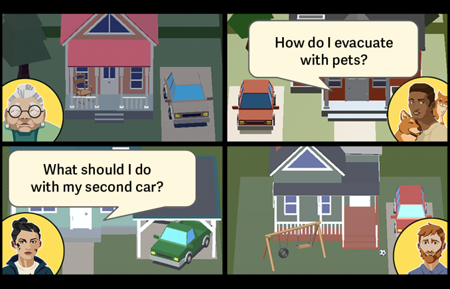 A four-panel cartoon-like illustration showing different people asking questions about wildfire preparation