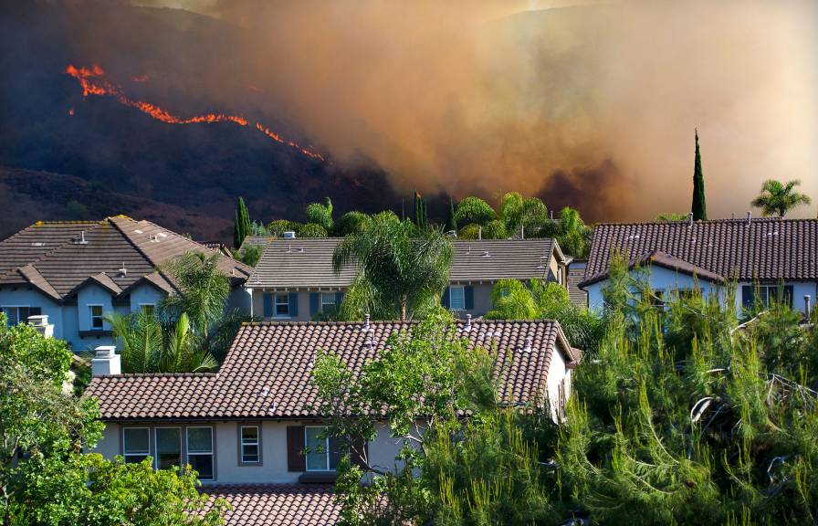 Wildfire and smoke descending a hillside behind a suburban neighborhood with houses and lush green trees