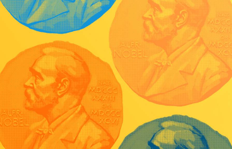 Illustration of overlapping Nobel Prize medals featuring Alfred Nobel’s profile, in orange, blue and green against a yellow background.