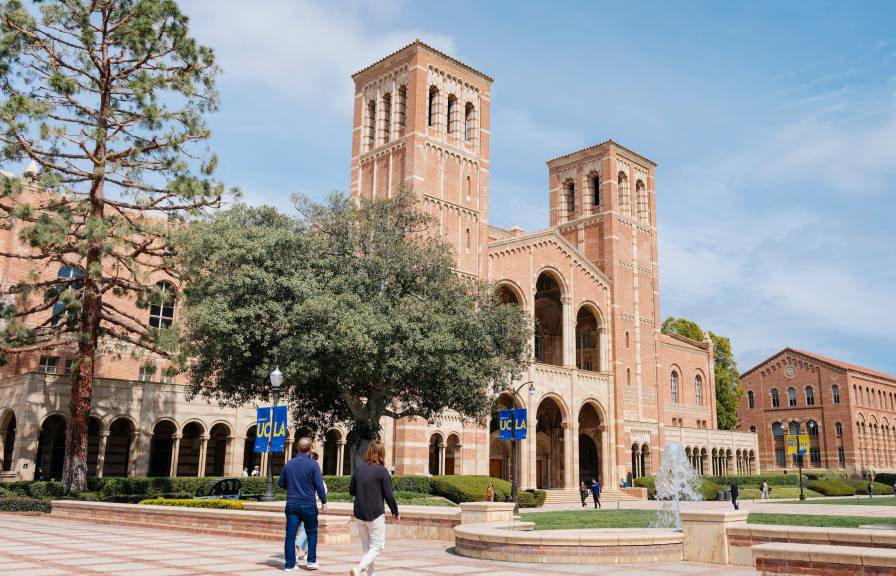 A brick square leads to Royce Hall on the UCLA campus