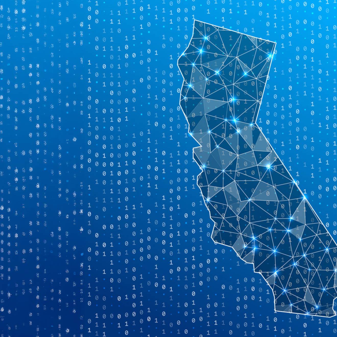An illustration of a map of California laced with a net of lines connected by glowing nodes floating on a field of 0s and 1s