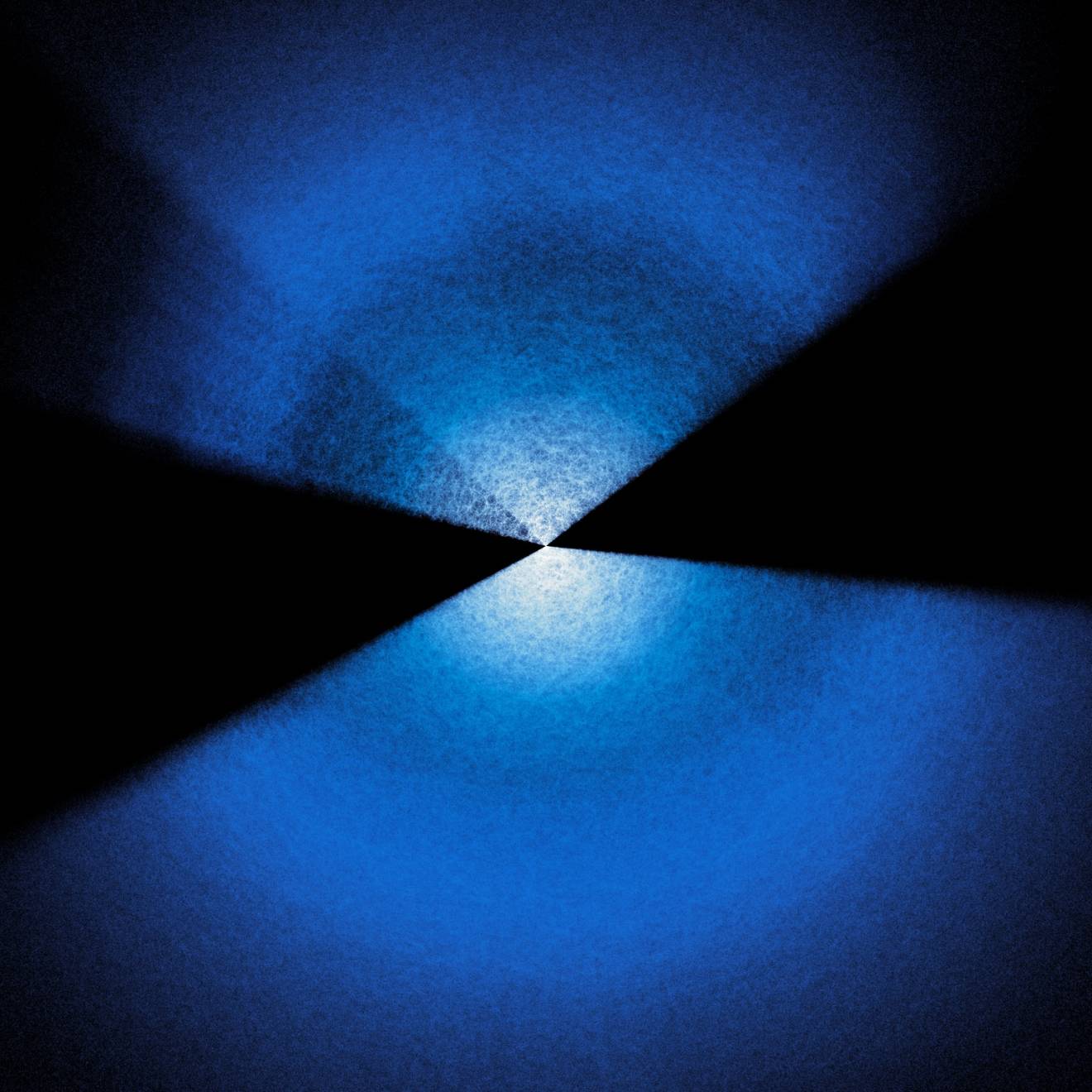 Two fans of blue and white dots extending up and down from center on black background