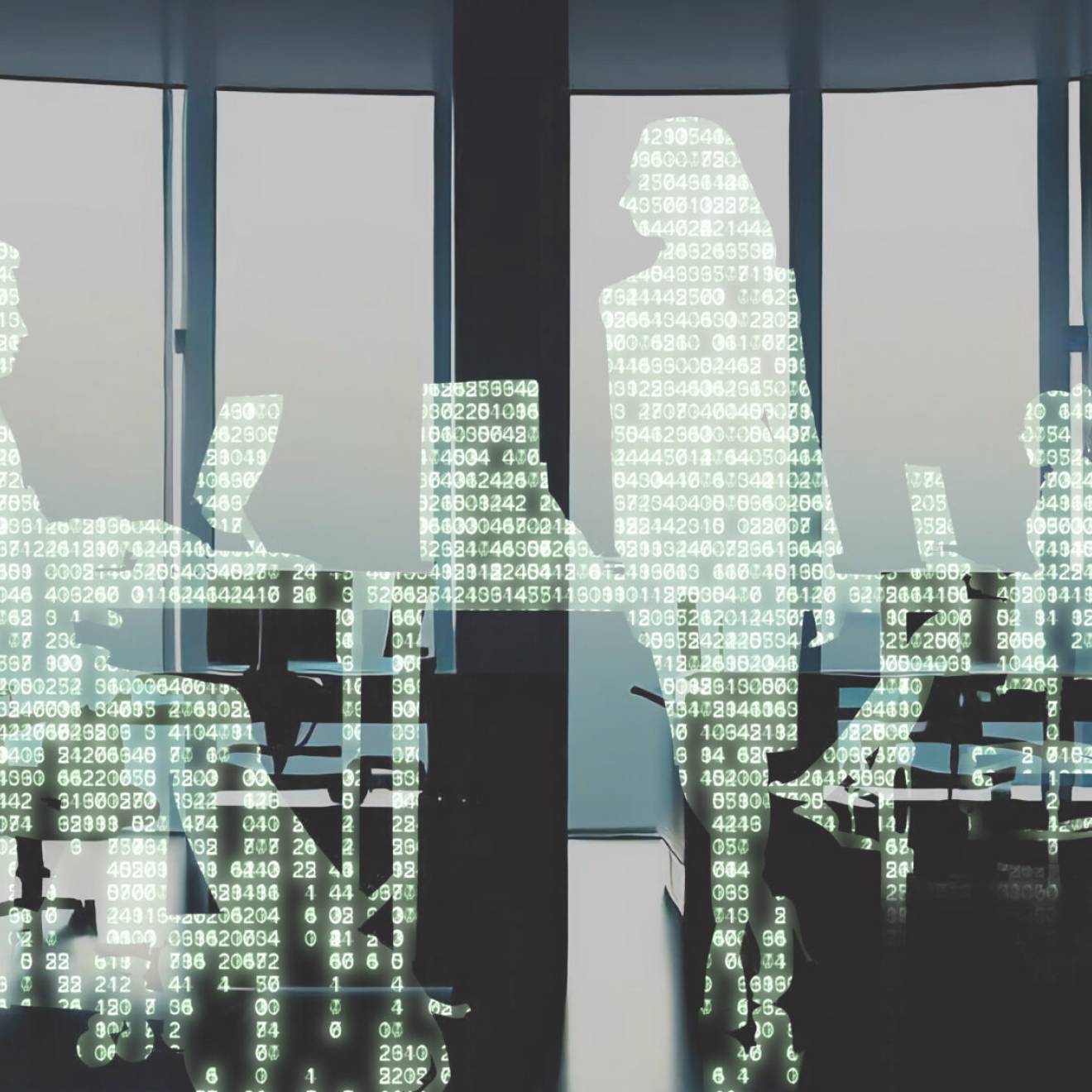Silhouetted office workers replaced by computer code.