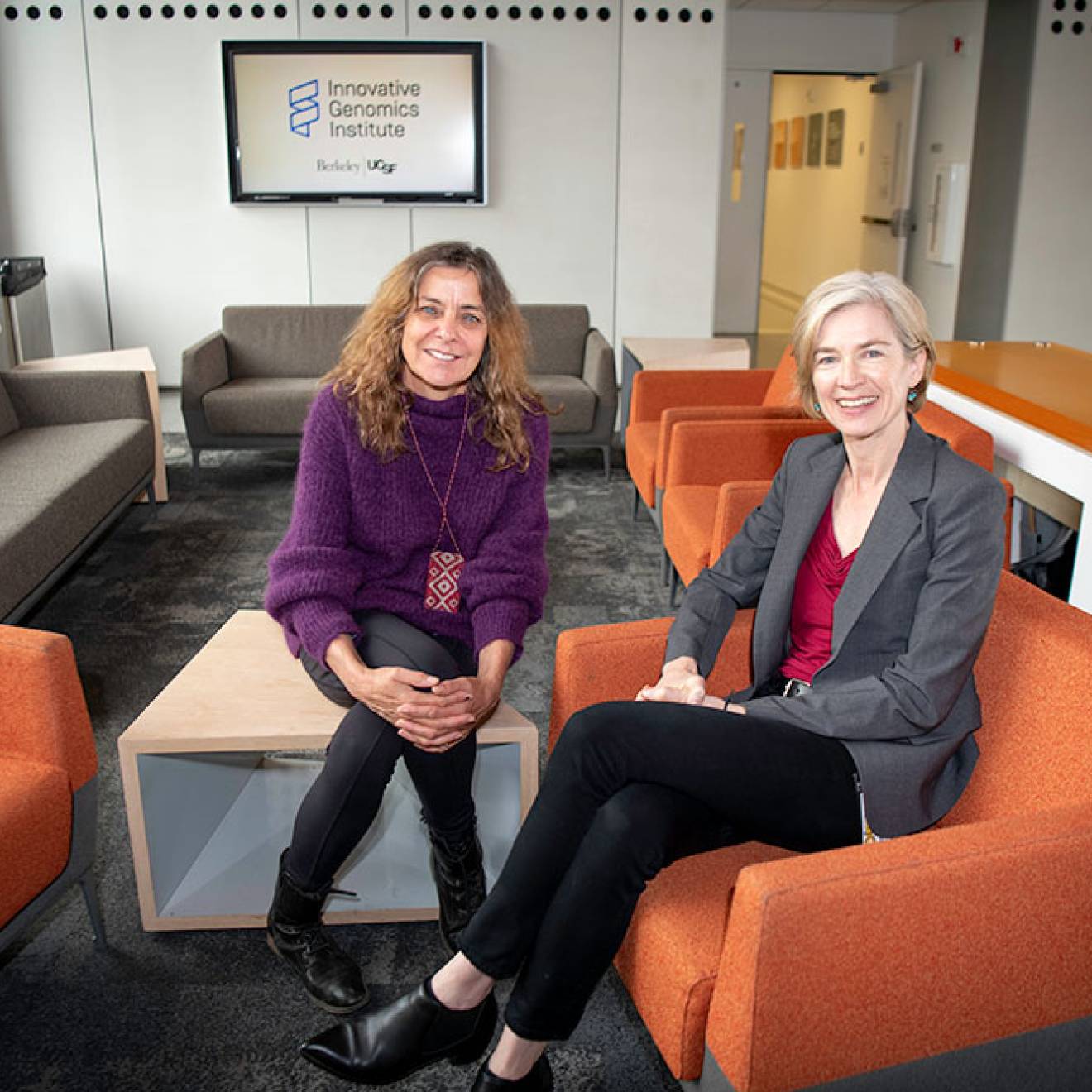 Jill Banfield (left) and Jennifer Doudna (right) in the IGI Building at UC Berkeley