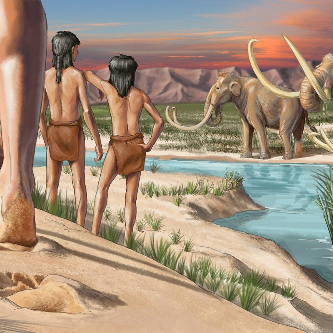 An artist's concept of early human children living and playing on the margins of a wetland is what is today New Mexico.