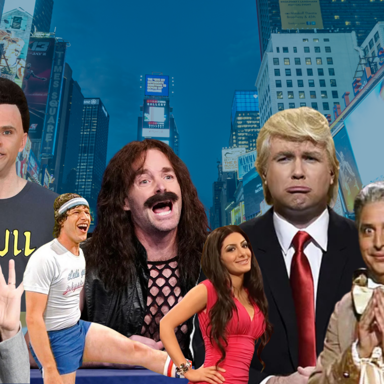 A collage showing 8 SNL cast members in various characters
