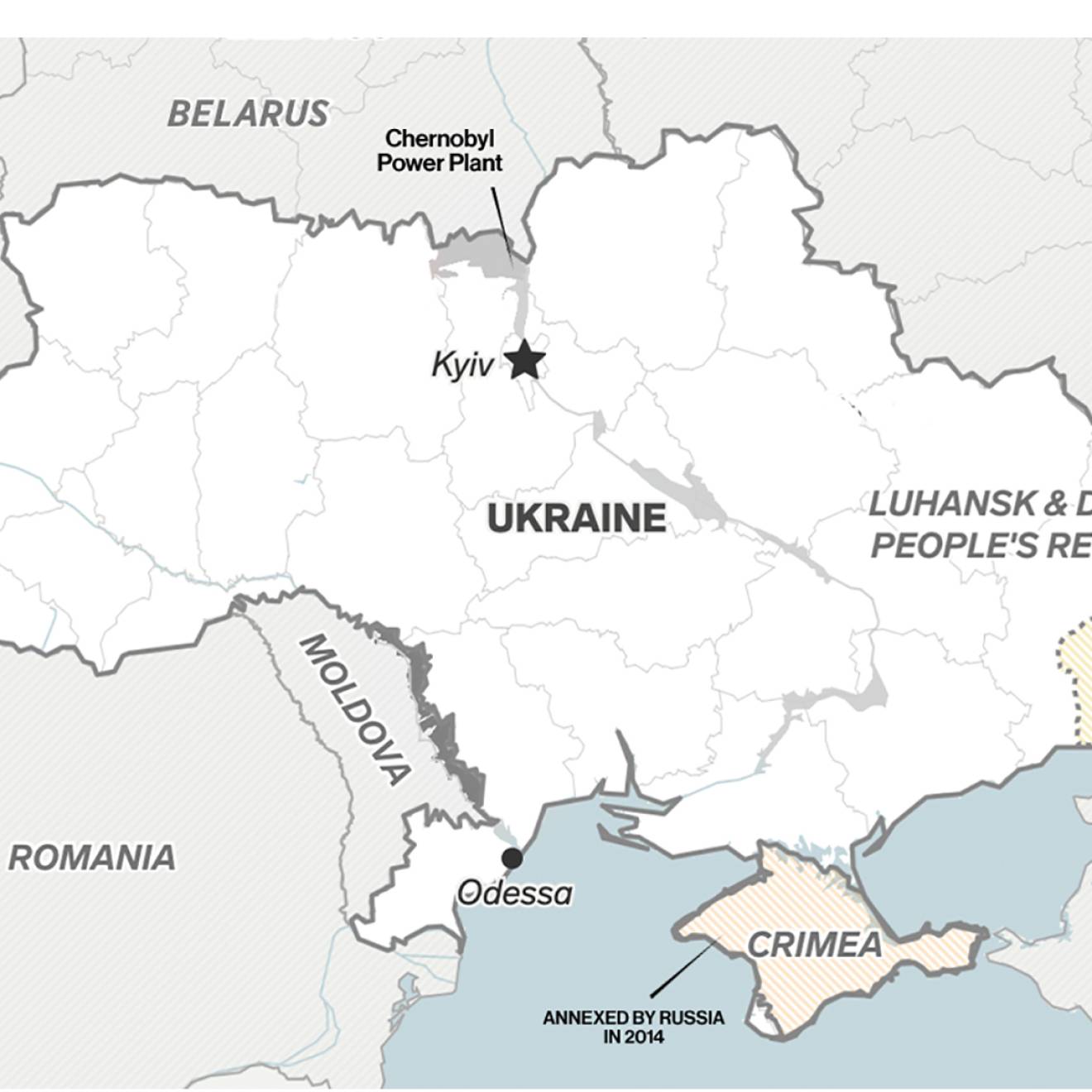 Map showing key regions related to the Feb. 23 Russian invasion of Ukraine.