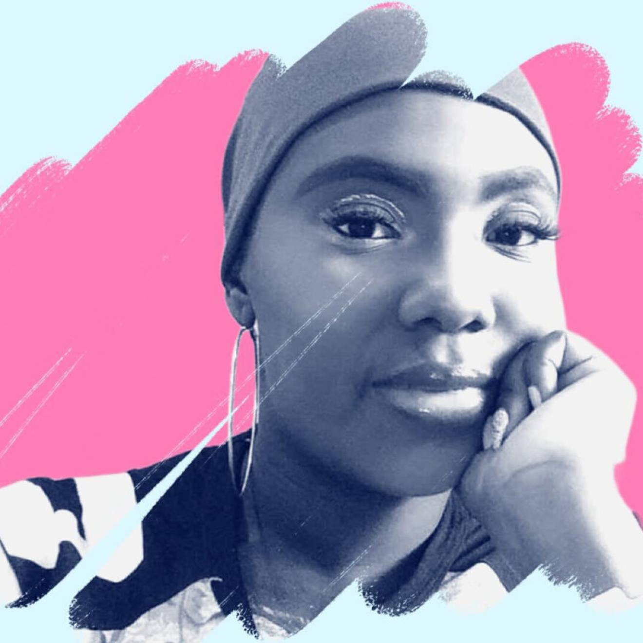 Stylized portrait of a woman resting her chin on her hand, wearing a headwrap and hoop earrings, shown in blue tones against a light background with a pink brushstroke accent behind her.