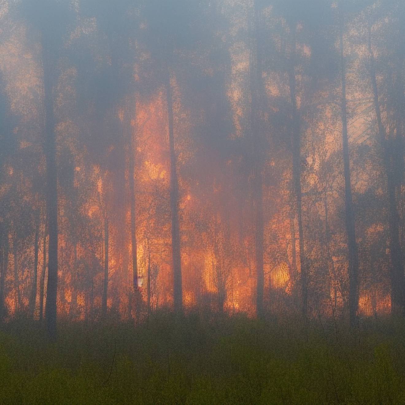 A realistic picture of a wildfire in the woods, as simulated by artificial intelligence