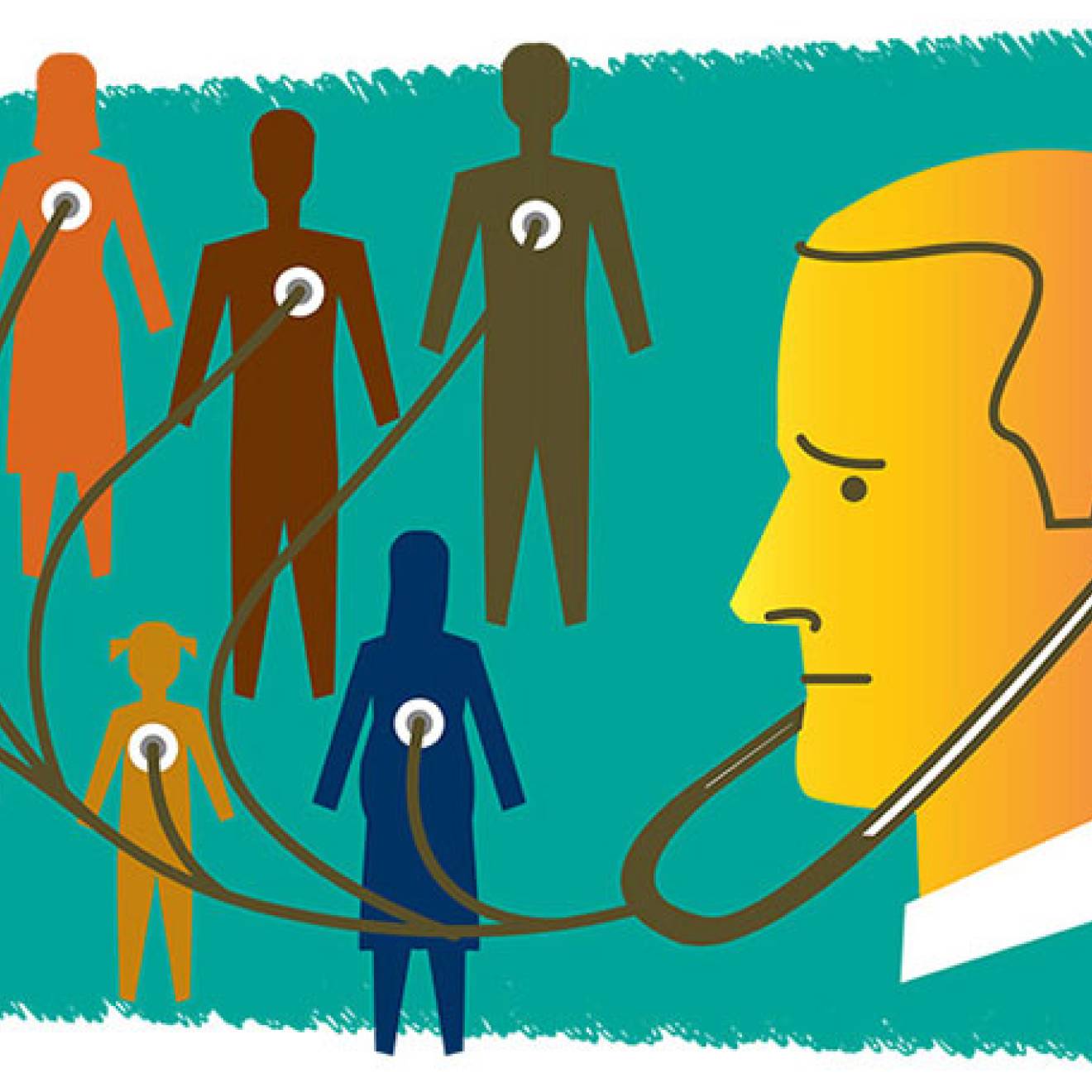 Doctor connected to patients by stethoscope illustration