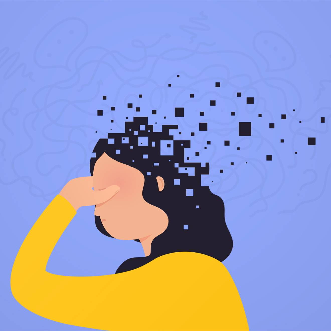 Simple, warm illustration of a woman in a yellow shirt holding her head, with little squares trailing behind her, signifying mental fragmentation, on a lilac background