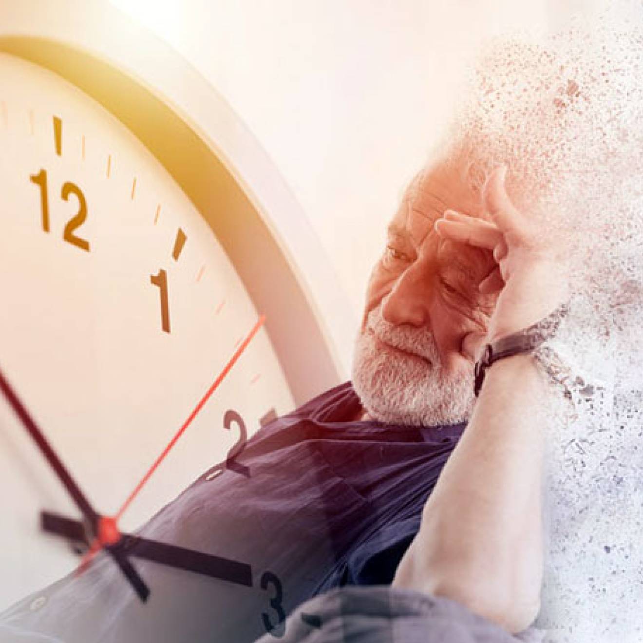 An older man with a clock graphic behind him