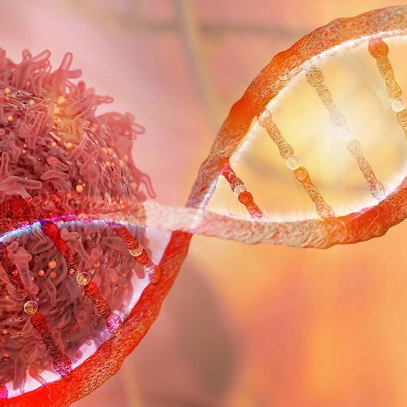 A cancer cell and a DNA strand in orange colors