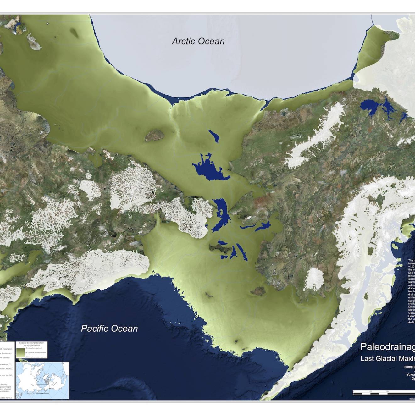 Overhead map of Beringia, the land bridge between North America and Asia