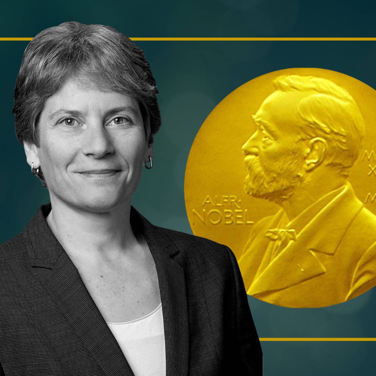 Carolyn Bertozzi next to Nobel Prize illustration