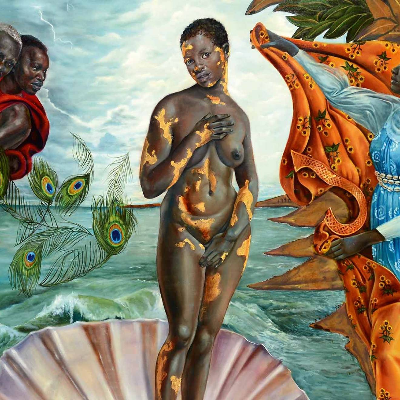 Harmonia Rosales, Birth of Oshun, detail, 2017, oil on canvas. Reminiscent of the famous Botticelli painting of a woman in a clamshell, The Birth of Venus