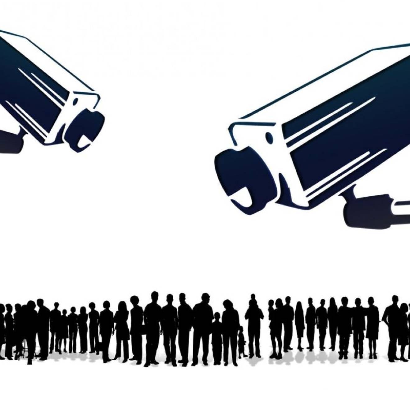 Illustration of two security cameras over a crowd of people in a line