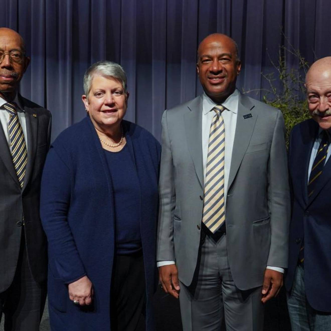 UC President Michael V. Drake, President Emerita Janet S. Napolitano, Chancellor Gary S. May and President Emeritus Mark G. Yudof