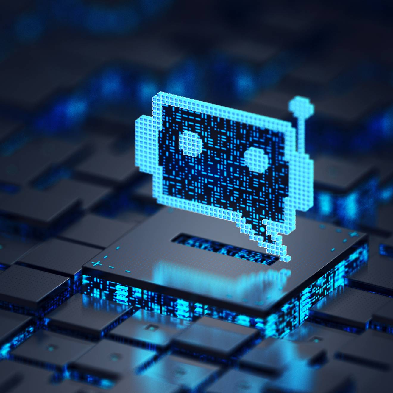 A circuitboard with a blue chat robot icon wearing a headset hovering over it