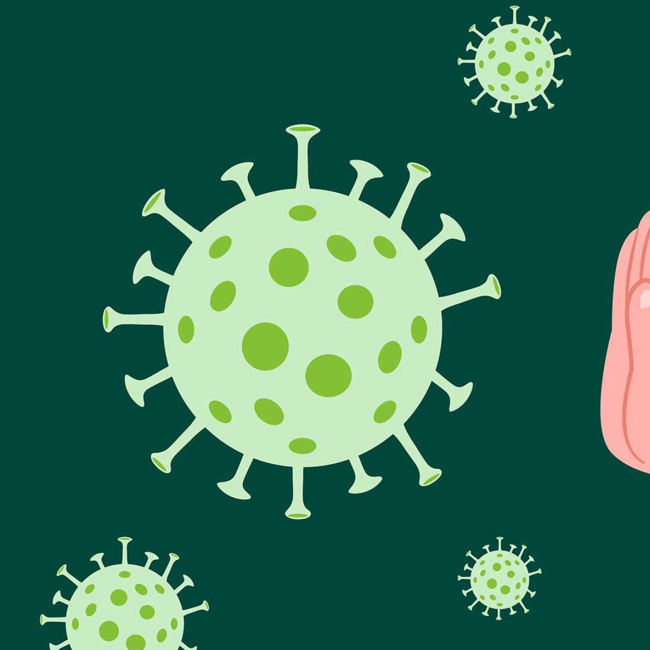 A COVID-19 molecule with a few smaller ones nearby, and a hand making a stop sign at it on a green background