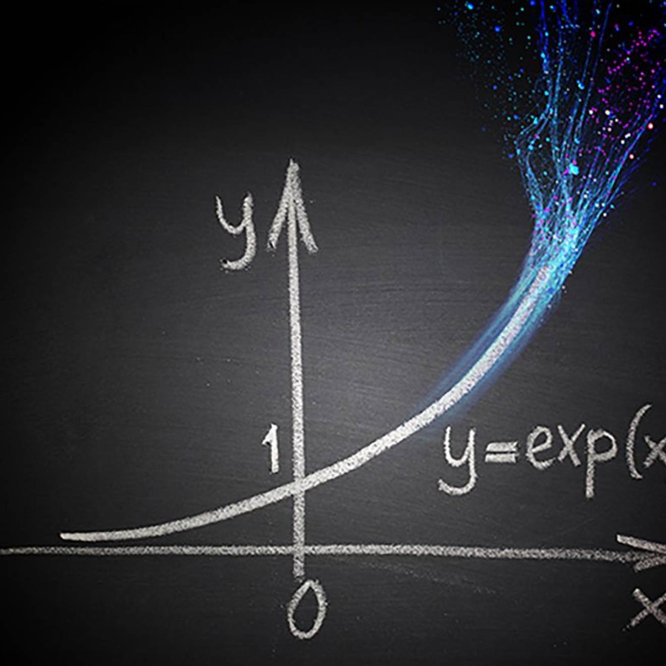 A graph with an X and Y axis with a curve going through it that becomes colorful electrical-looking dots