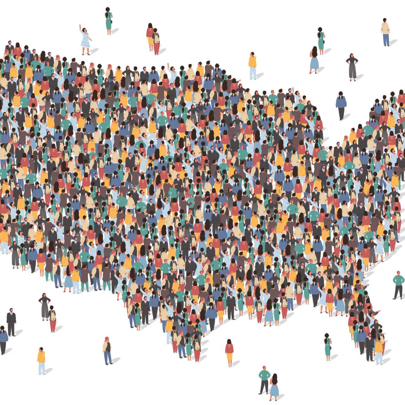 Map of the United States made up of illustrated human figures