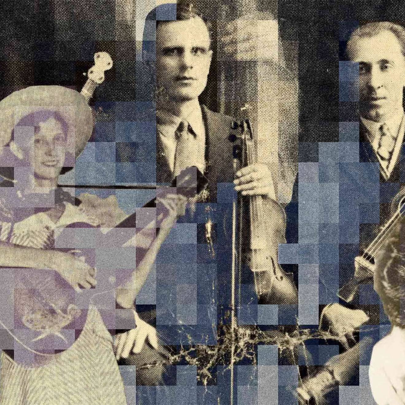 A gray and blue toned collage of old-timey photos of musicians