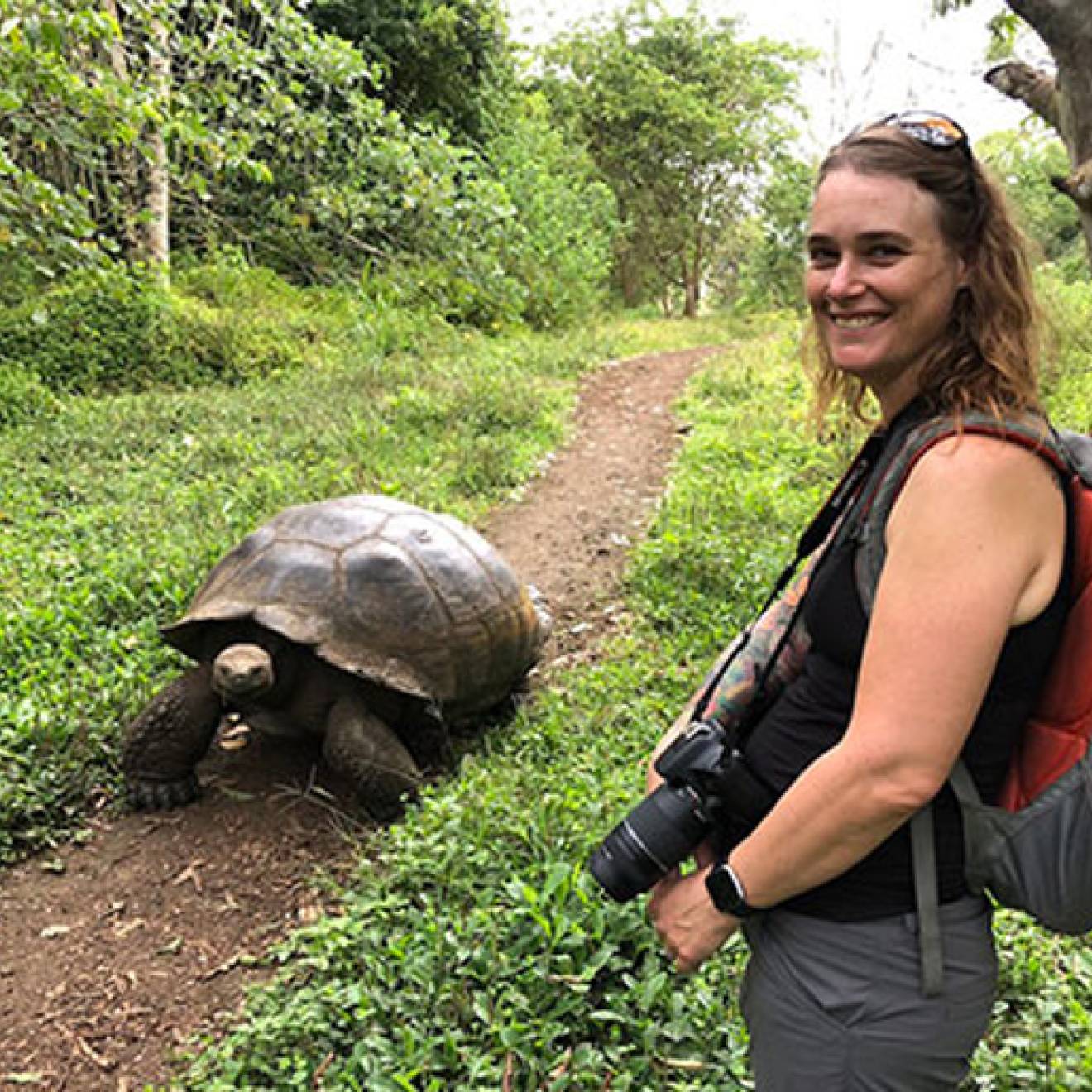 Professor Danielle Edwards with a tortoise on Galapagos