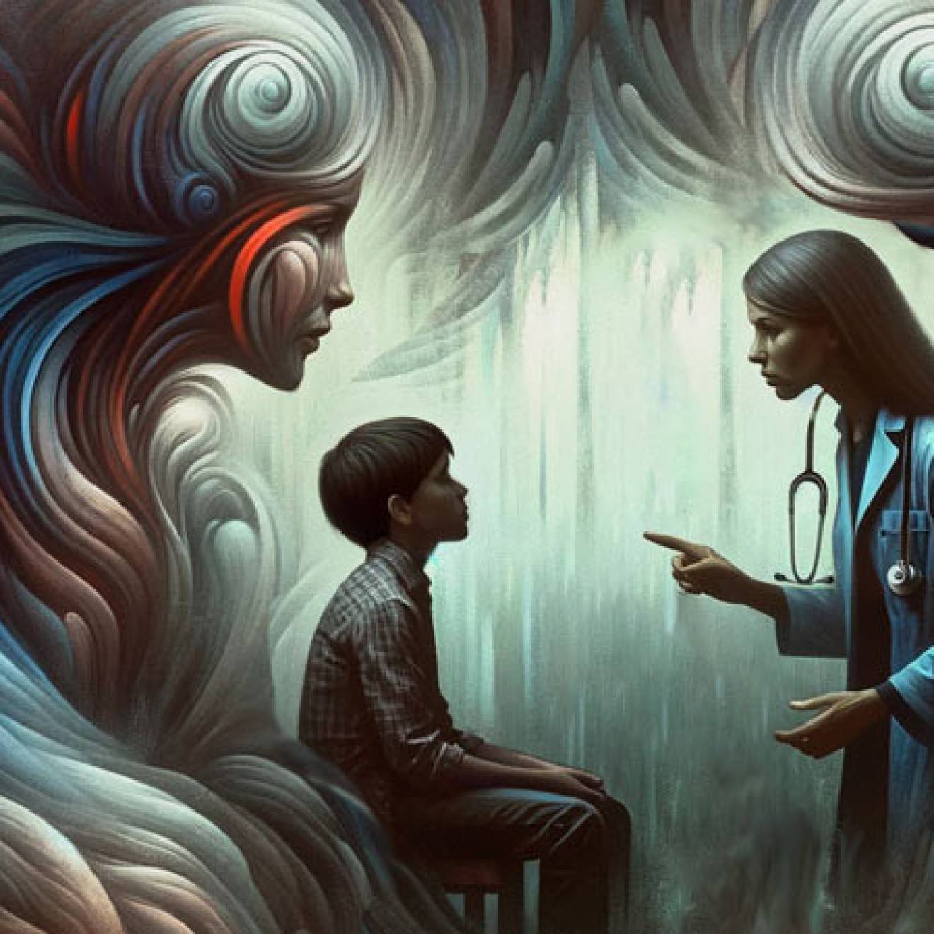 An illustration of a woman doctor speaking to a child, who has a mythical, looming head overlooking him