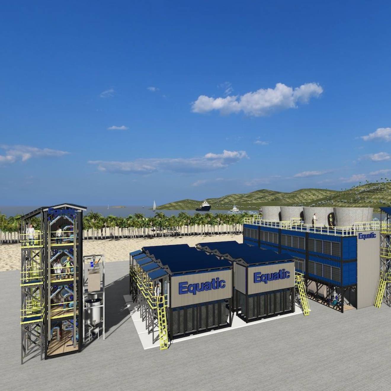 A rendering of a carbon removal plant in front of a beach and ocean
