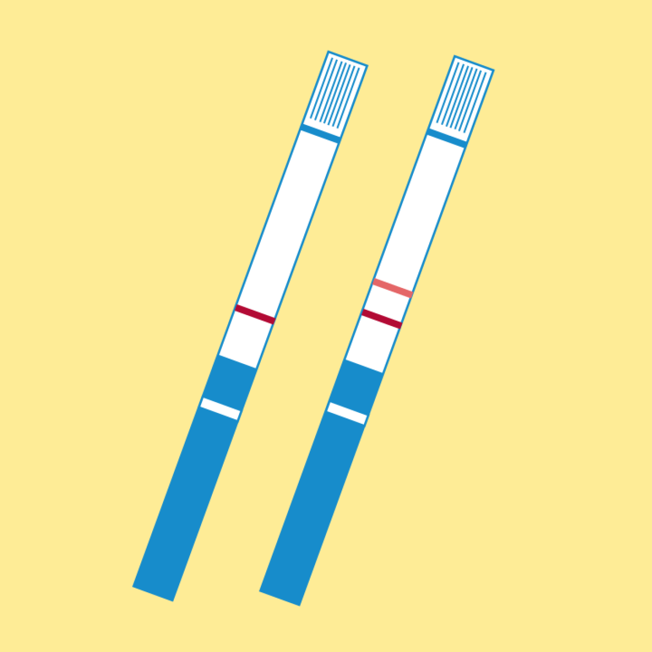 Flat-style illustration showing 2 long rectangular test strips in blue and white on a light yellow background