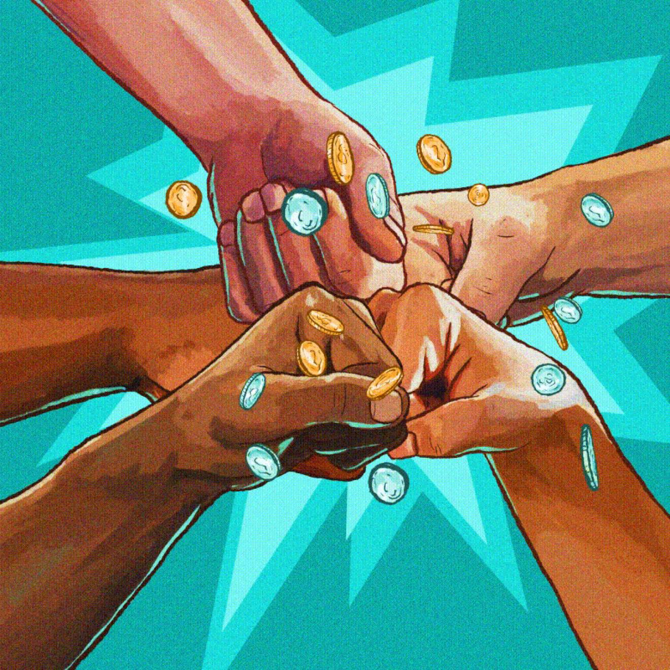 A still from an animation of fists from people of color fist-bumping with a cartoonish explosion and coins flying out