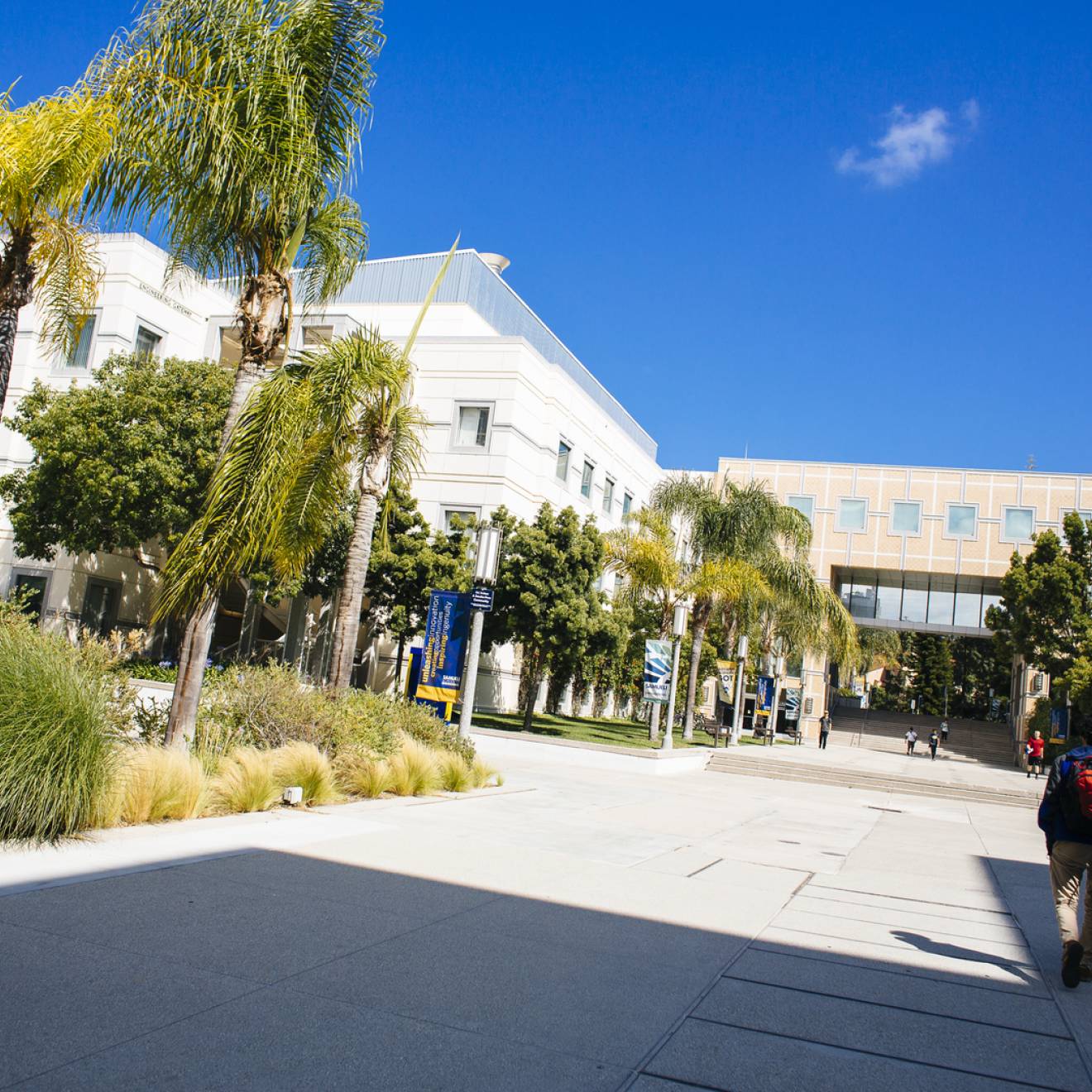 Student walks on wide pavement area of UC Irvine campus