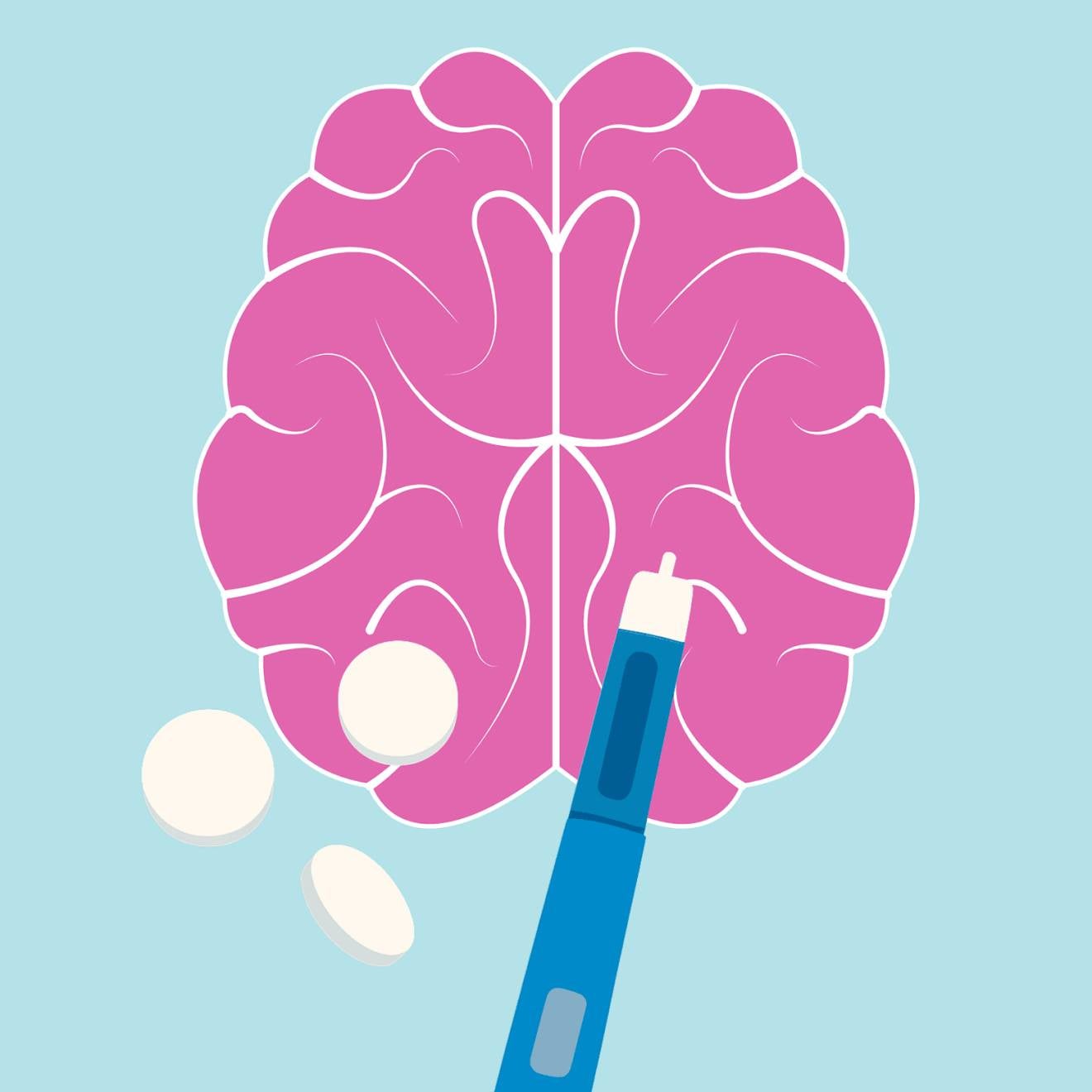 A bright, simple illustration of a brain with two pills next to it and a GLP-1 stick 
