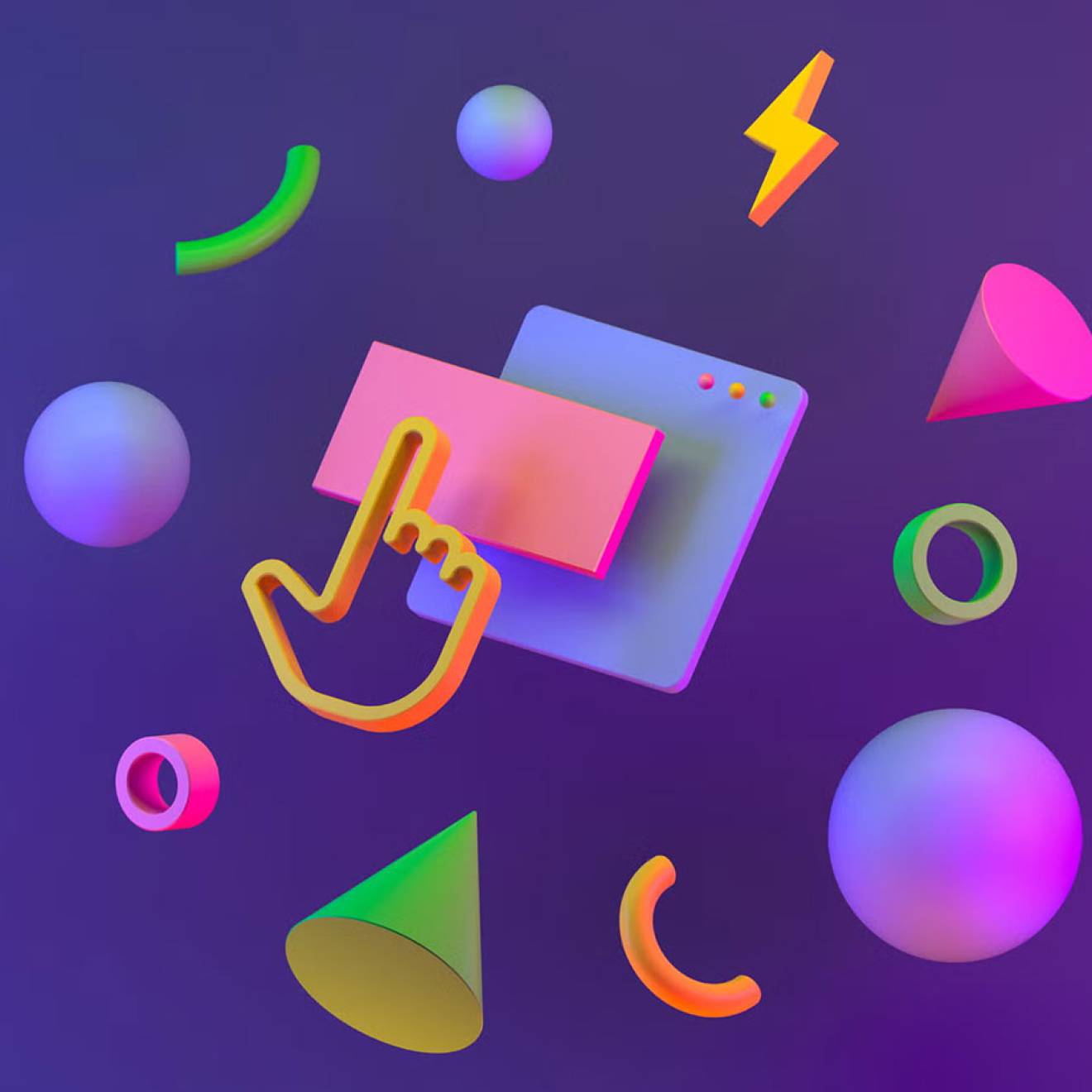 Colorful 3D geometric shapes—spheres, cones, rings, and curved tubes—float around a stylized cursor hand pressing a pink rectangular button on a simplified computer window. The objects glow with neon gradients against a dark purple background, creating a playful, futuristic scene.