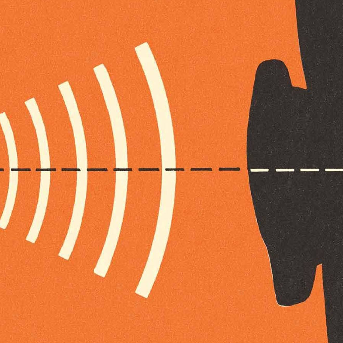 a stylized illustration of sound waves moving toward a human ear