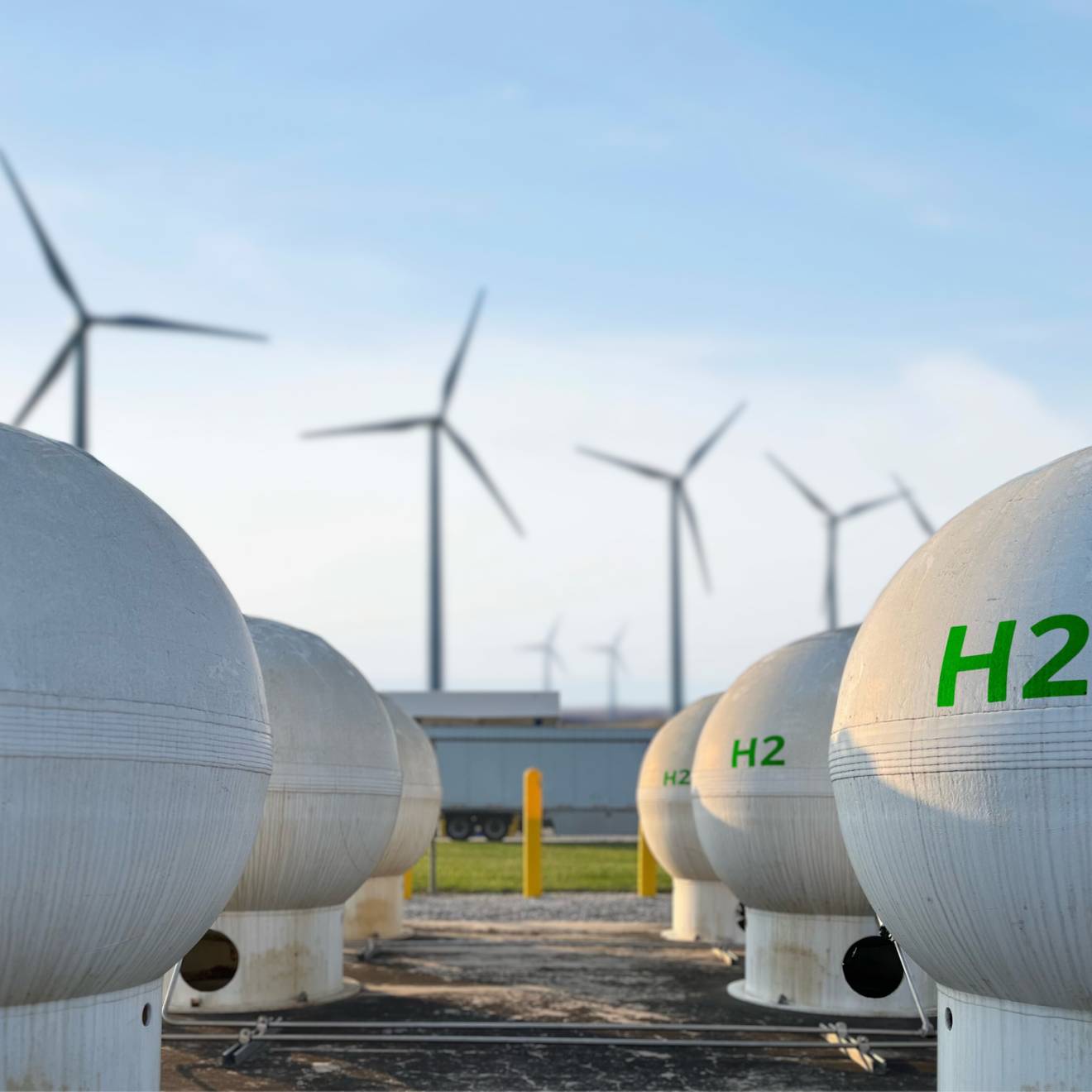 Two rows of spherical white tanks with H2 printed on them in green, with four wind turbines in the background, against a blue sky