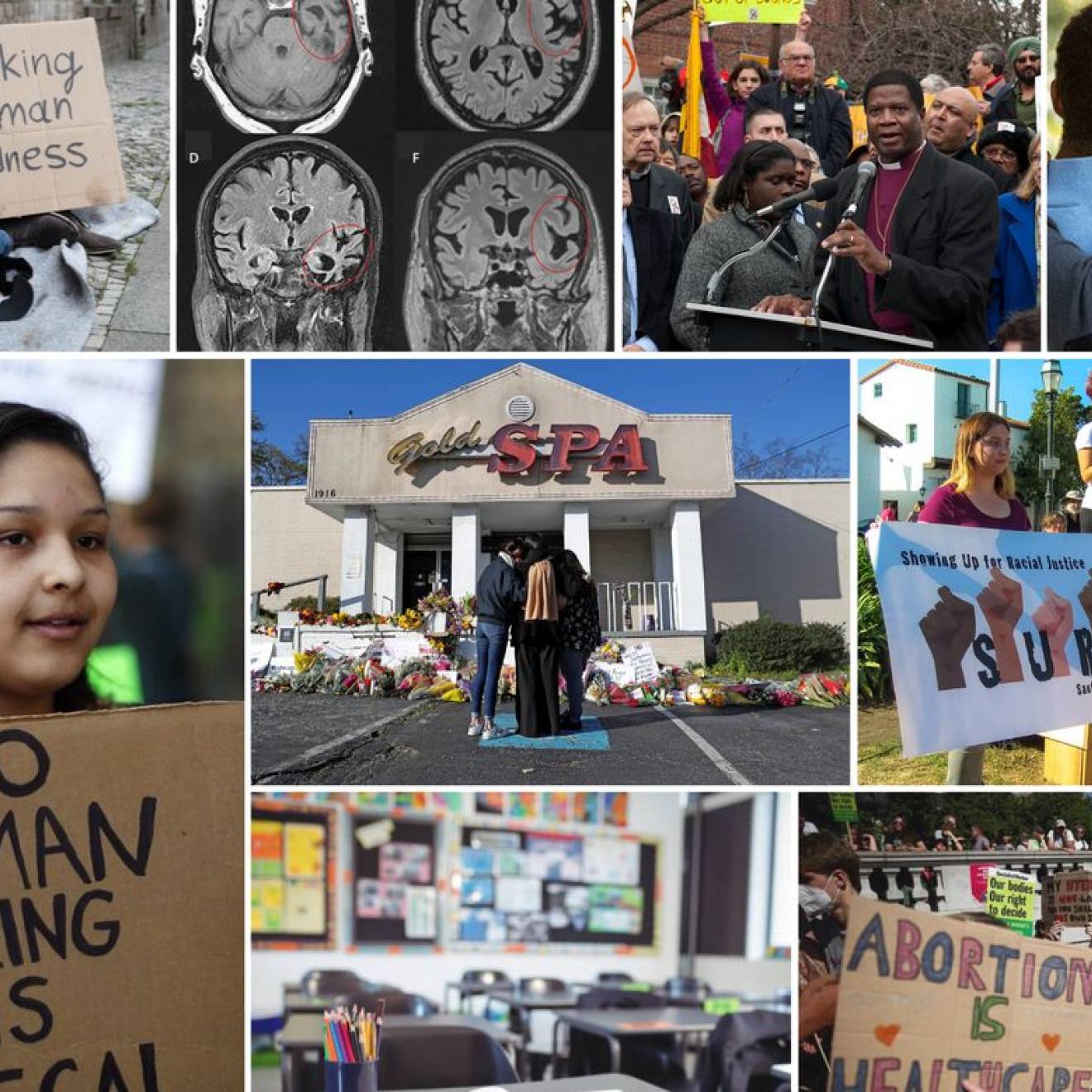 Collage of people publicly mourning or protesting