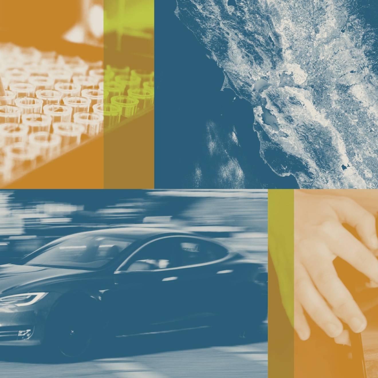 A photo collage with blue, red and yellow overlays showing lab work, a car, a phone and a satellite image of California.