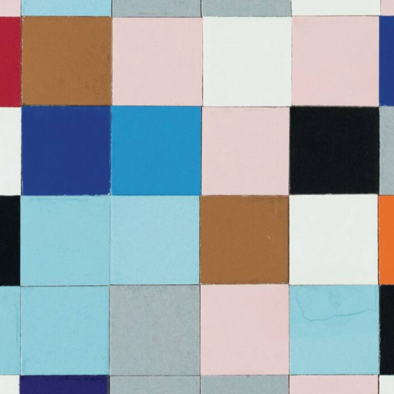 A grid of square tiles of different colors in a muted palette, in a seemingly random arrangement