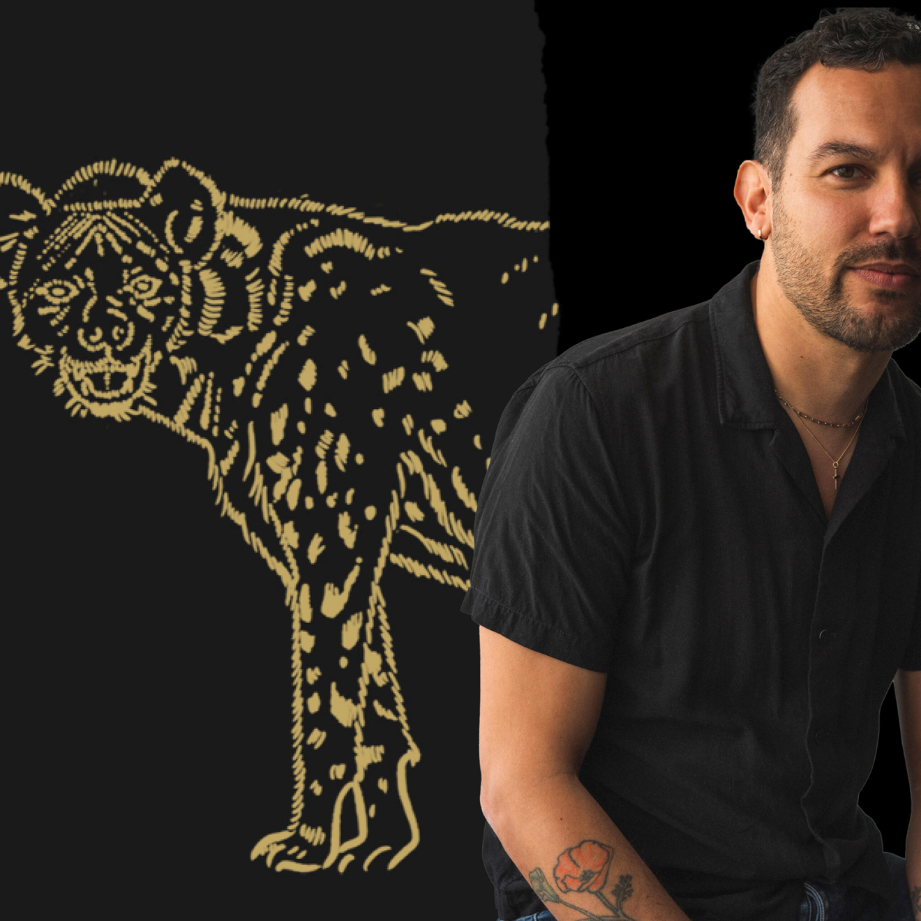 Justin Torres and a painting of a hyena