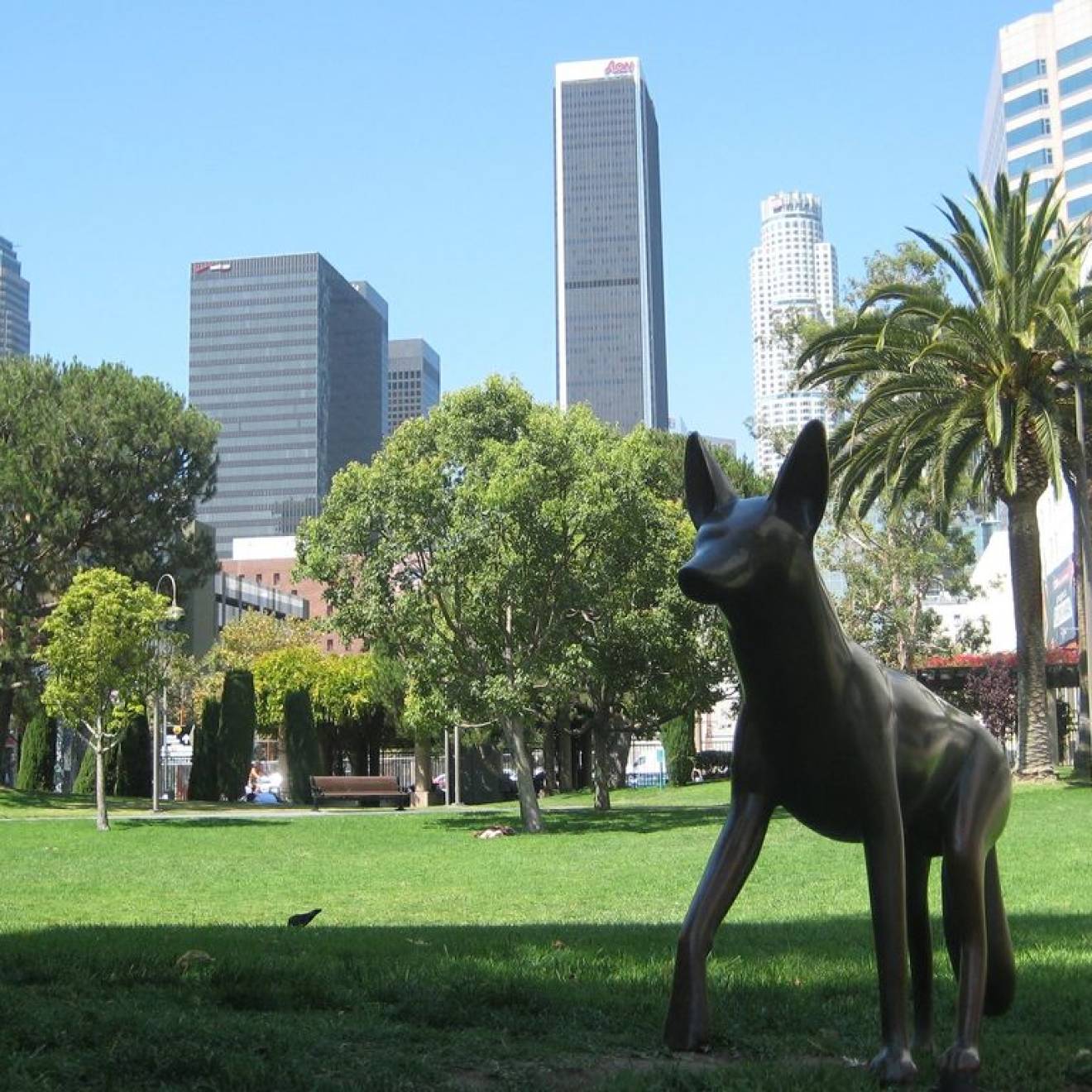 View of an urban LA park with a coyote statue