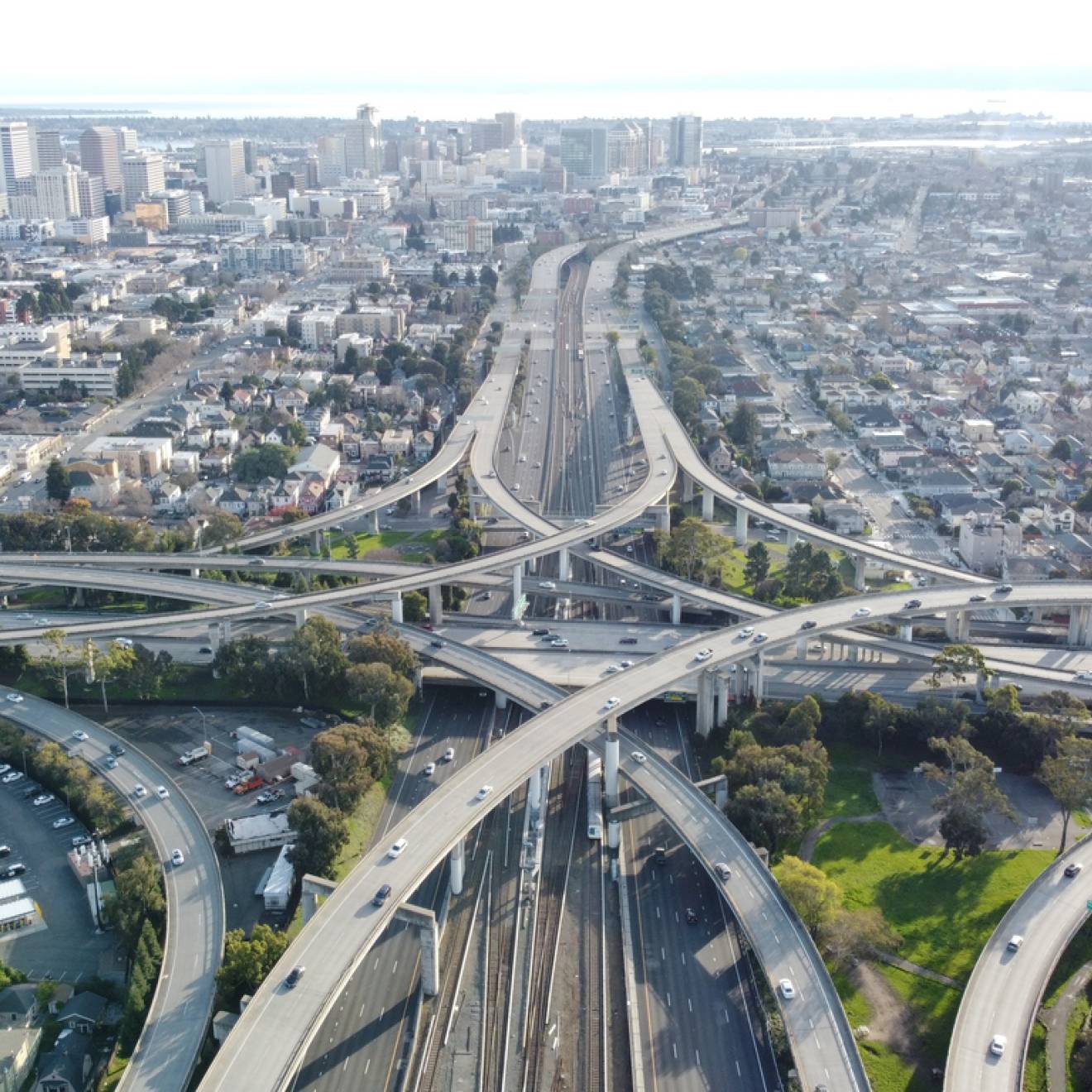Aerial shot of freeway ramp maze in Oakland, California
