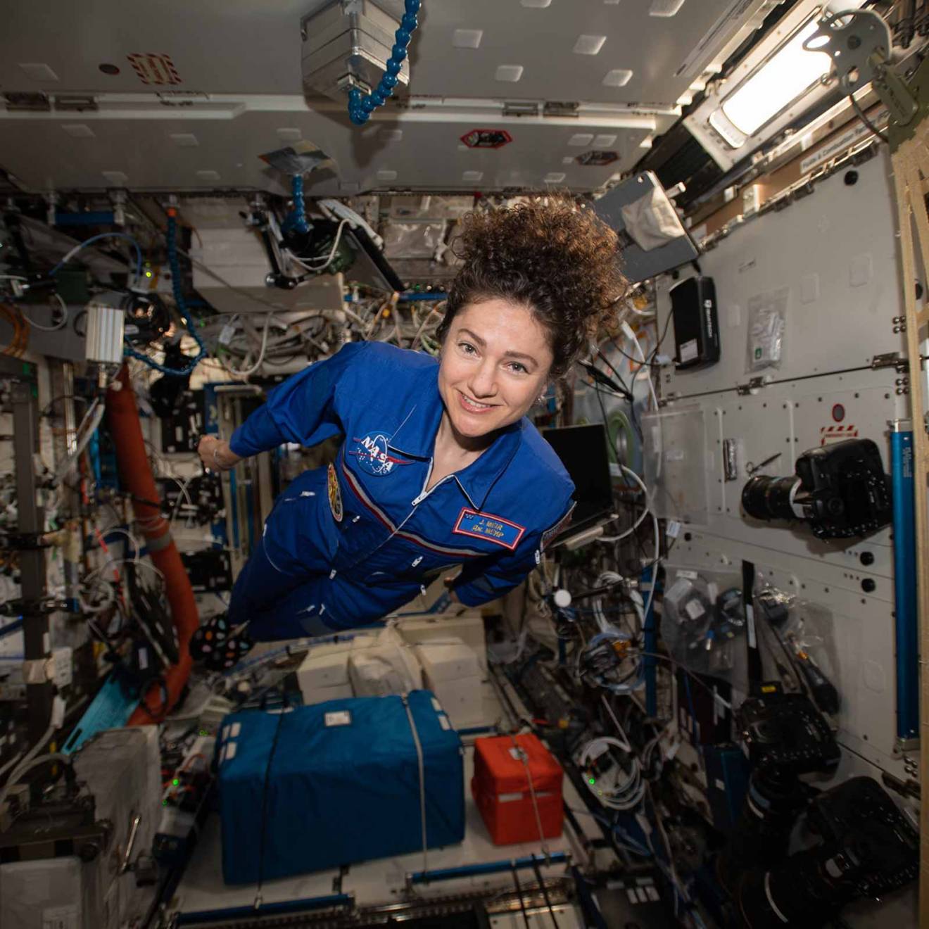 Jessica Meir hovers weightless Meir hovers for a portrait in the weightless environment of the International Space Station. 